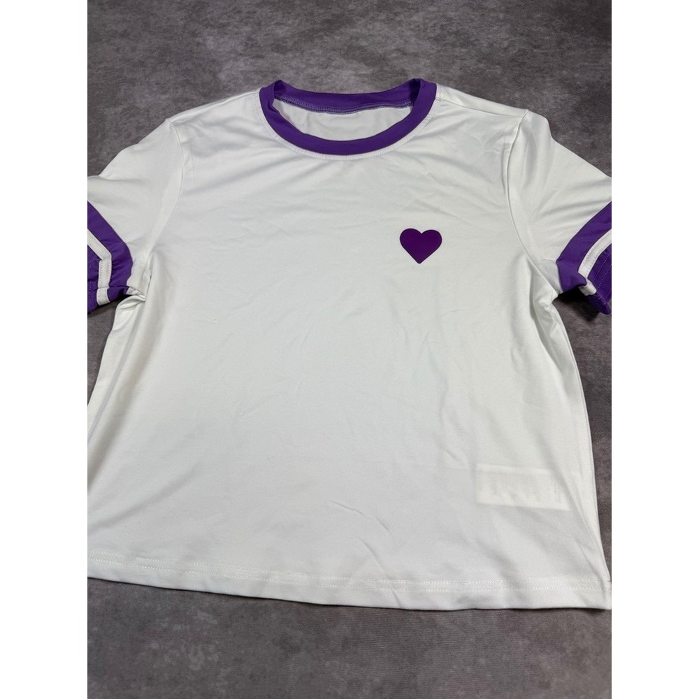 Unbranded Purple Heart Ringer T-Shirt Womens XS White Crop Tee Varsity Stripe